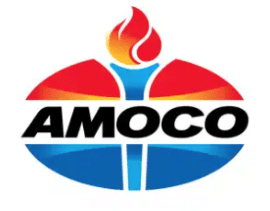 The image shows the Amoco logo featuring a stylized torch with a red, orange, and blue flame above the word AMOCO written in bold letters, set inside an oval with red and blue segments.