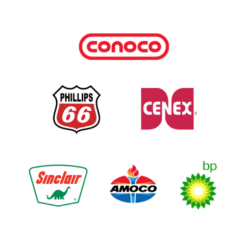 A collection of six gas station logos: Conoco, Phillips 66, Cenex, Sinclair, Amoco, and BP, displayed on a white background.